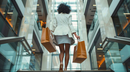 A professional woman in a white blazer marches confidently midway on stairs holding brown shopping...