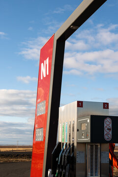 ICELAND - MAR 10, 2024: N1 Fuel Station with Diesel and Bensin digital price display for self service refuel vehicle and go to the road trip