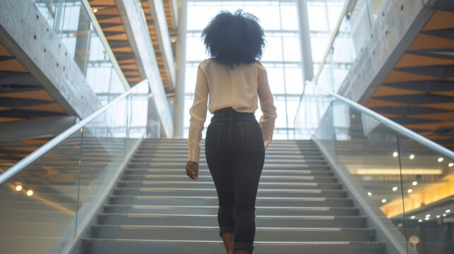 Photo captures an African American woman from behind climbing a brightly lit staircase inside a contemporary structure