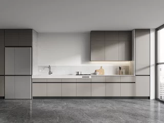 Fototapeten Modern home kitchen interior with cooking cabinet, fridge and panoramic window © ImageFlow