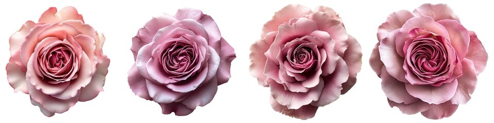 Set of beautiful pink rose flowers isolated on transparent background