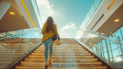 A vibrant image of a woman in a yellow jacket climbing stairs, with a sun-kissed background