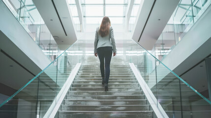 Image of a lone woman's back as she climbs the stairs in a sterile, office environment