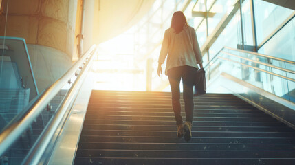 Silhouette of a person walking up an illuminated staircase with bright sunlight flares and urban...
