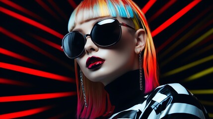 a woman with colorful hair and sunglasses