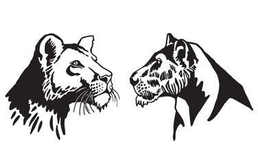Graphical portraits of lioness watching distance on white background, ink-pen illustration,tattoo design	