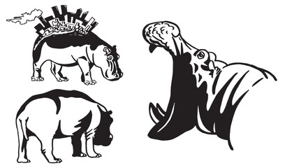 Graphical set of  hippos silhouettes on white background, vector illustration	