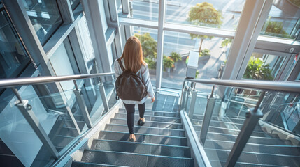 A young woman with a backpack climbing steps inside a modern glass structure hinting at pursuing...