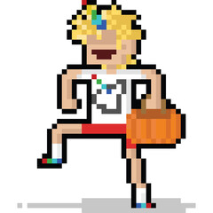 Pixel art blond hair boy wearing unicorn horn and holding the pumpkin basket