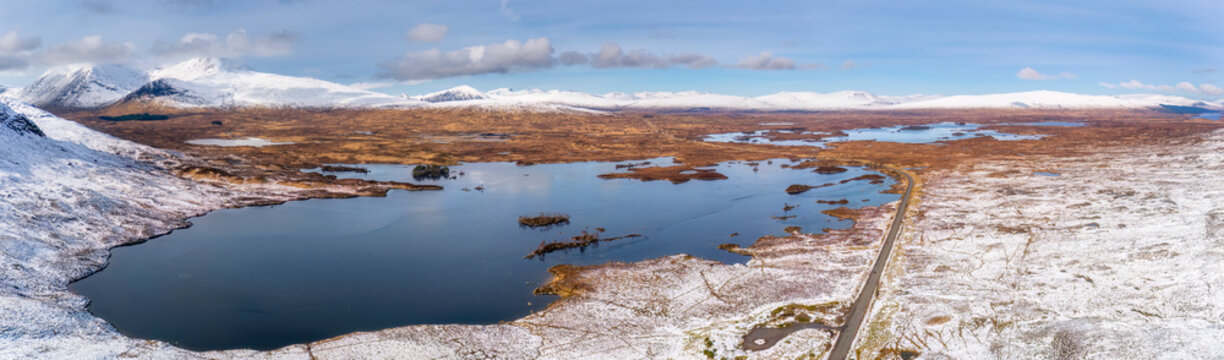 UK, Scotland, Bridge of Orchy, Aerial panorama of Lochan na h-Achlaise and Rannoch Moor