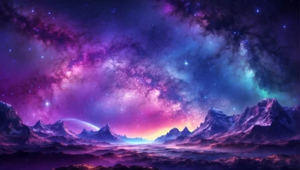 Deurstickers A purple and blue starry night sky with a mountain range in the foreground © Top