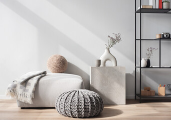 View of modern scandinavian style interior with furniture and trendy vase, Home staging and minimalism concept