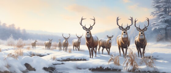 a group of deer in the snow - obrazy, fototapety, plakaty