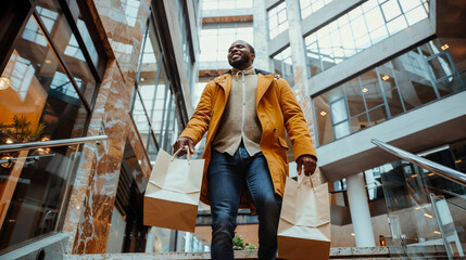 A stylish man holding shopping bags in a mall captures the joy of retail therapy and modern consumerism - obrazy, fototapety, plakaty