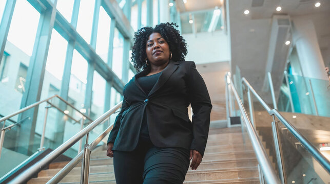 Elegant businesswoman confidently ascending an escalator in a shopping mall