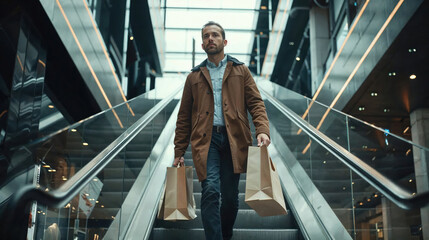 A serious-looking man in a brown coat descends an escalator with brown shopping bags in a modern...