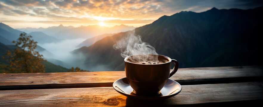 A cup of hot morning coffee with steam on a wooden table against a background of sunrise scene in the mountains. Wide scale panoramic image