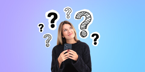 Pensive young woman smiling using smartphone looking up at question marks