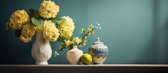 A plant pot with vibrant yellow flowers adorns the tabletop, adding a touch of nature to the room. The blossoms bring a sense of warmth and cheer to the space - obrazy, fototapety, plakaty