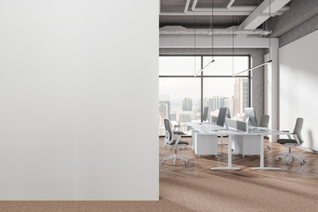 Panoramic industrial open space office interior with blank wall