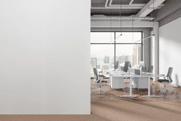 Fototapeten Panoramic industrial open space office interior with blank wall © ImageFlow
