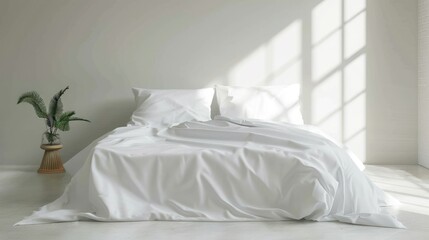 Mock up of white bedding on comofortable bed with pillows and blanket modern minimalist interior. Template for prints