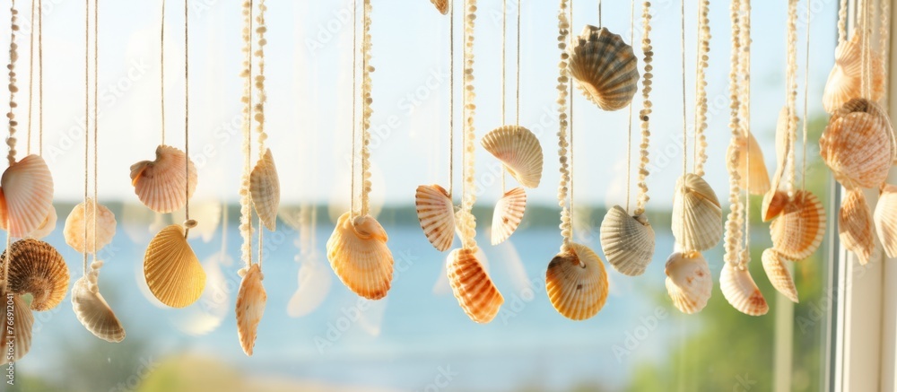 Poster seashells dangle on strings by a window facing the ocean, creating a calming underwater art display.