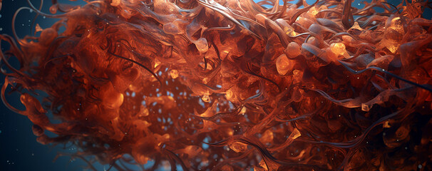 Brown mass of seaweeds floating under water. Background with dark colors, detailed, slightly defocused design.