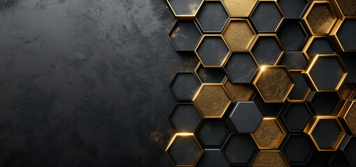 Black and Gold Honeycomb Background. honeycomb design in metallic gold with metal sheen creating the look of luxury and elegance  - obrazy, fototapety, plakaty