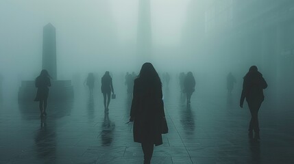 People walking in an urban environment with fog and lights. Generated AI. - 766912083