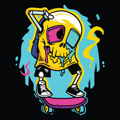 Cool graffiti style comic illustration of skull on skateboard in street style fashion