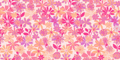 Colorful pink cute seamless pattern with abstract creative groovy flowers. Vector hand drawn sketch shapes, ditsy meadow. Template for designs, notebook cover, childish textiles