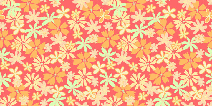 Abstract creative groovy flowers seamless pattern on a red background. Vector hand drawn sketch shapes cute ditsy meadow floral printing. Template for designs, notebook cover, childish textiles