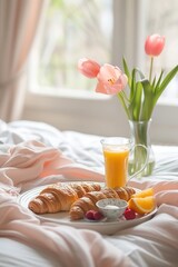 Breakfast tray with croissants and juice on a bed. Generated AI. - 766912233