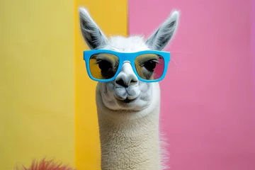 Papier peint photo autocollant rond Lama A llama wearing sunglasses and a pink background. The llama is smiling and looking at the camera. Funny llama wearing sunglasses in studio with a colorful and bright background.
