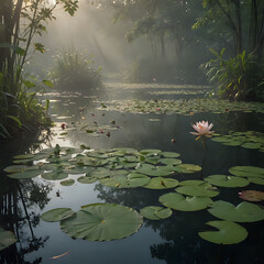 a pond with lily pads and water lillies in the water