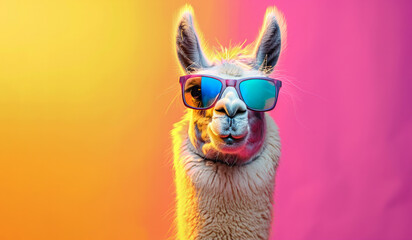 Fototapeta premium A llama wearing sunglasses and a pink background. The llama is smiling and looking at the camera. Funny llama wearing sunglasses in studio with a colorful and bright background.