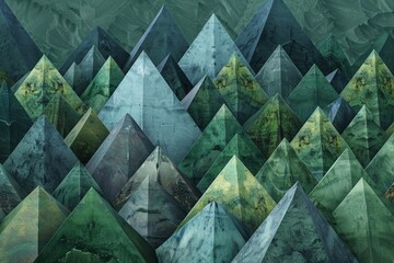 Abstract array of overlapping, triangular shapes in shades of green and blue, creating the illusion that they form mountains or a forest landscape