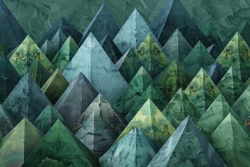 Papier Peint photo Montagnes Abstract array of overlapping, triangular shapes in shades of green and blue, creating the illusion that they form mountains or a forest landscape