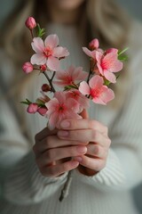 Hands cradling cherry blossoms, showcasing gentle touch. Generated AI. - 766912417