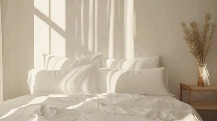 Mock up of white bedding on comofortable bed with pillows and blanket modern minimalist interior. Template for prints