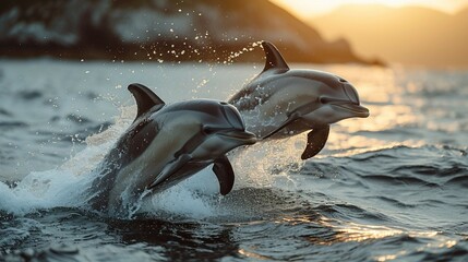 Dolphins leaping and performing acrobatic maneuvers in the ocean. AI generate illustration - obrazy, fototapety, plakaty