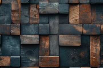 Abstract background of Dark and aged wooden blocks arranged in an intricate pattern