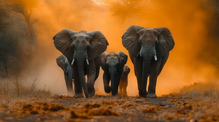 A family of elephants moving together in a dusty African landscape. AI generate illustration