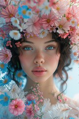 Artistic portrait of a woman with a floral crown and a serene expression. Generated AI. - 766912641
