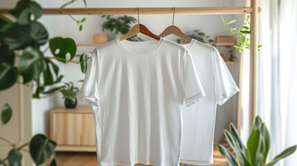 White blank t-shirt for visualizing prints and designs for designers in modern home interiors. Mock up