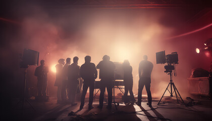 A group of people are standing in a dark room with a spotlight on them