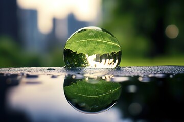 Raindrop on a glass sphere reflecting a leaf and cityscape. Generated AI. - 766913047