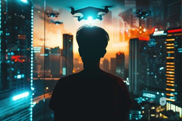 Silhouette of a person with a drone against a cityscape at dusk. Generated AI. - 766913081