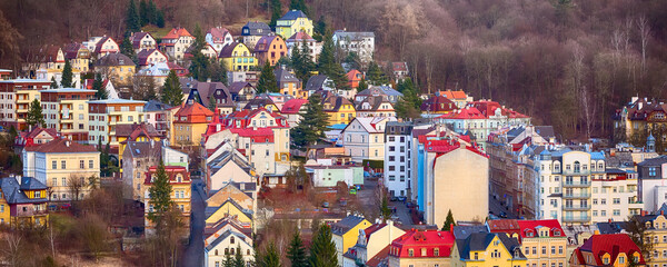 Karlovy Vary aerial panorama view, Czech Republic